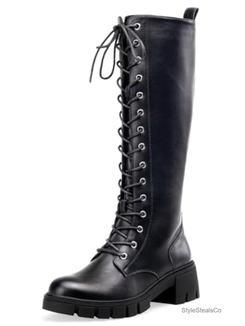 Platform Knee High Lace Up Combat Boots Faux Leather Round Toe